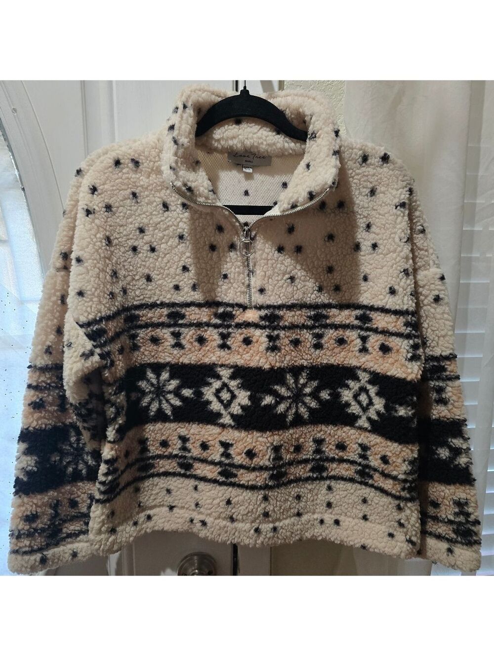 Love Tree Small Beige and Black Patterned Fleece Pullover Sweater